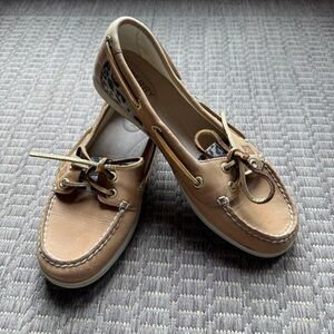 Sperry Angelfish Leopard Print Leather Boat Shoes W Sz 7M Tan Gold Accents